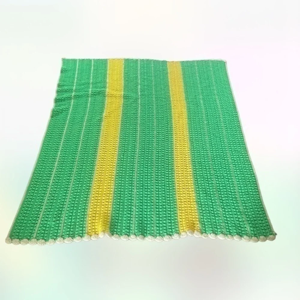 HANDMADE Knitted green and yellow afghan blanket